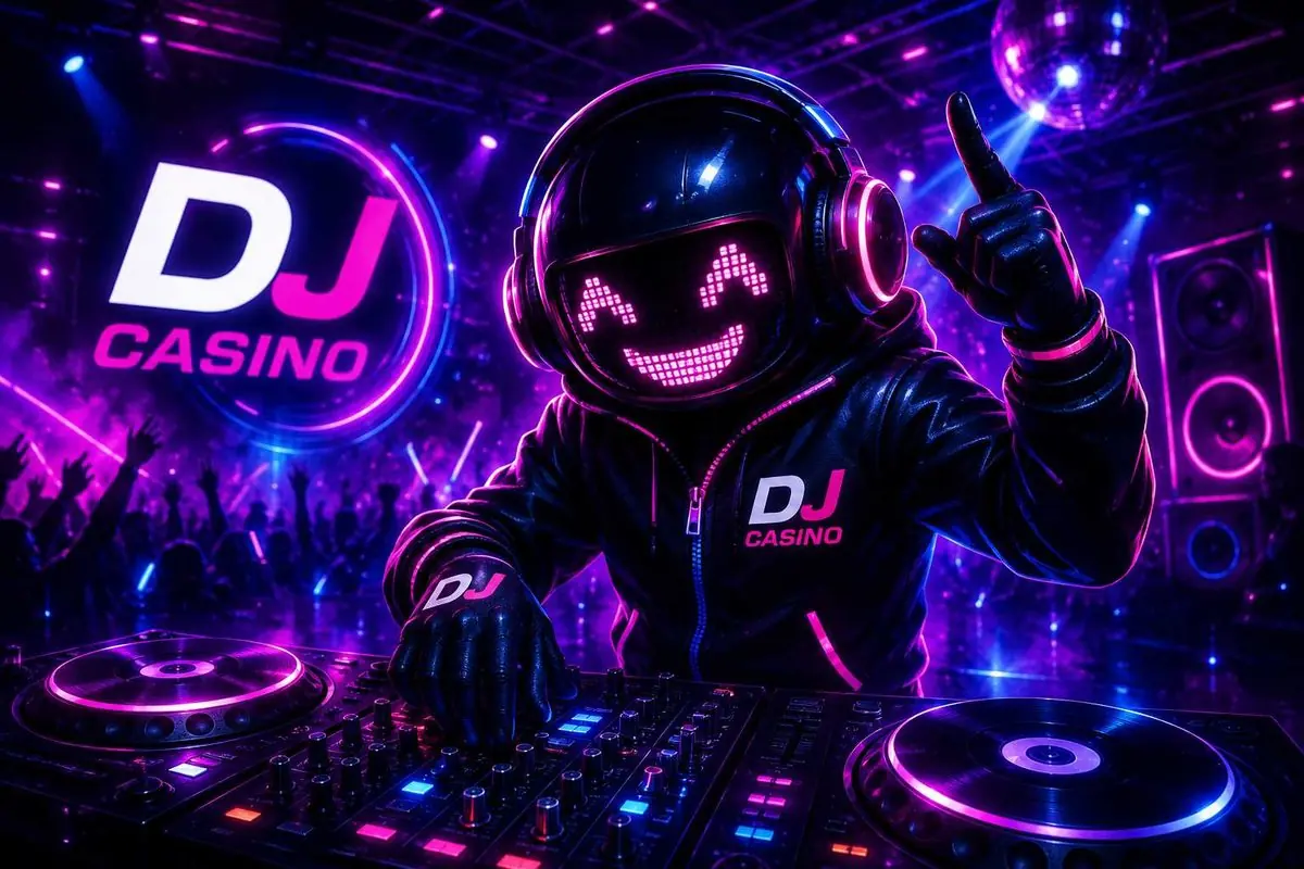 Mascotte van DJ Casino achter de draaitafels bij de opvolging van uitbetalingen